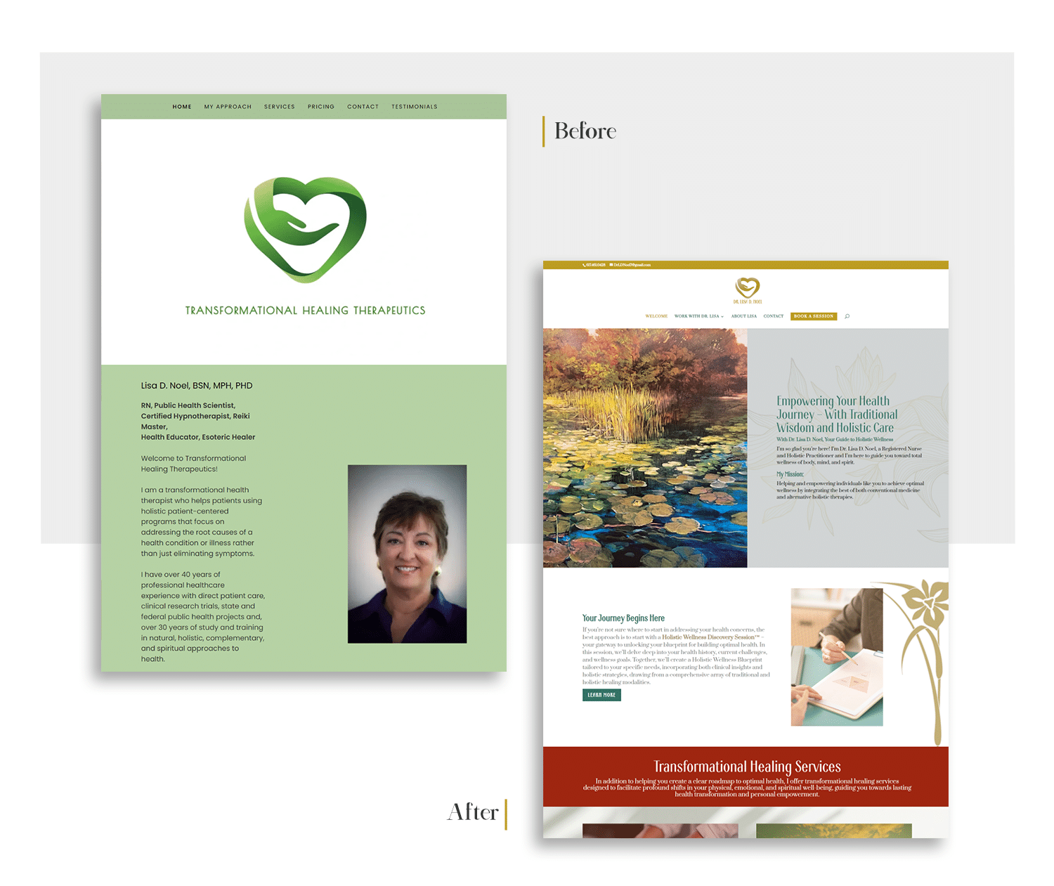 before and after brand and website redesign for Dr. Lisa D. Noel
