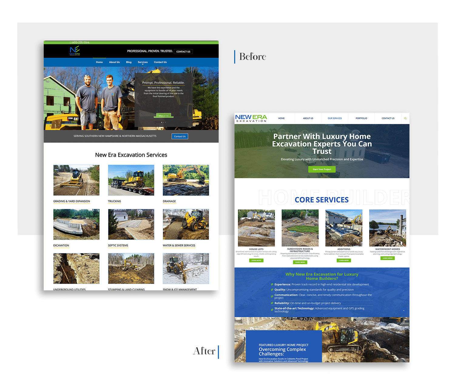 before and after brand and website redesign for New Era Excavation - The Dirt Ninja Website 